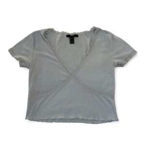 Forever 21 Baby Blue Pastel Lace Trim Cropped Tee Size Small V Neck Short Sleeve